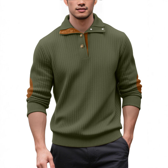Herren nan Rippstrick-Halbknopf-Pullover mit Kentkragen und Lederbesatz EB