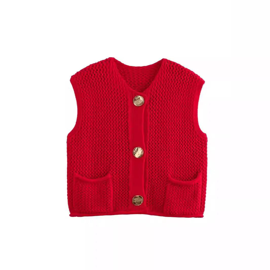 Damen gehäkelte Strickweste mit großen Zierknöpfen und Aufsatztaschen EB