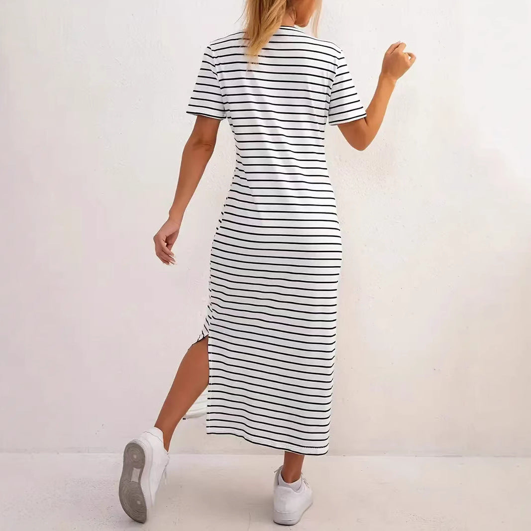 Damen Maxikleid mit seitlichen Schlitzen und gestreiftem Design EB
