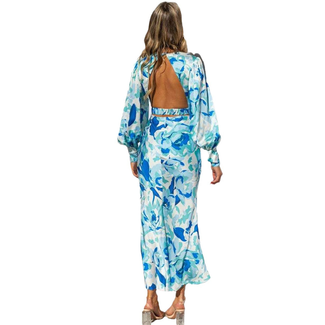 Damen Langarm Maxikleid mit floralem Muster und V-Ausschnitt EB