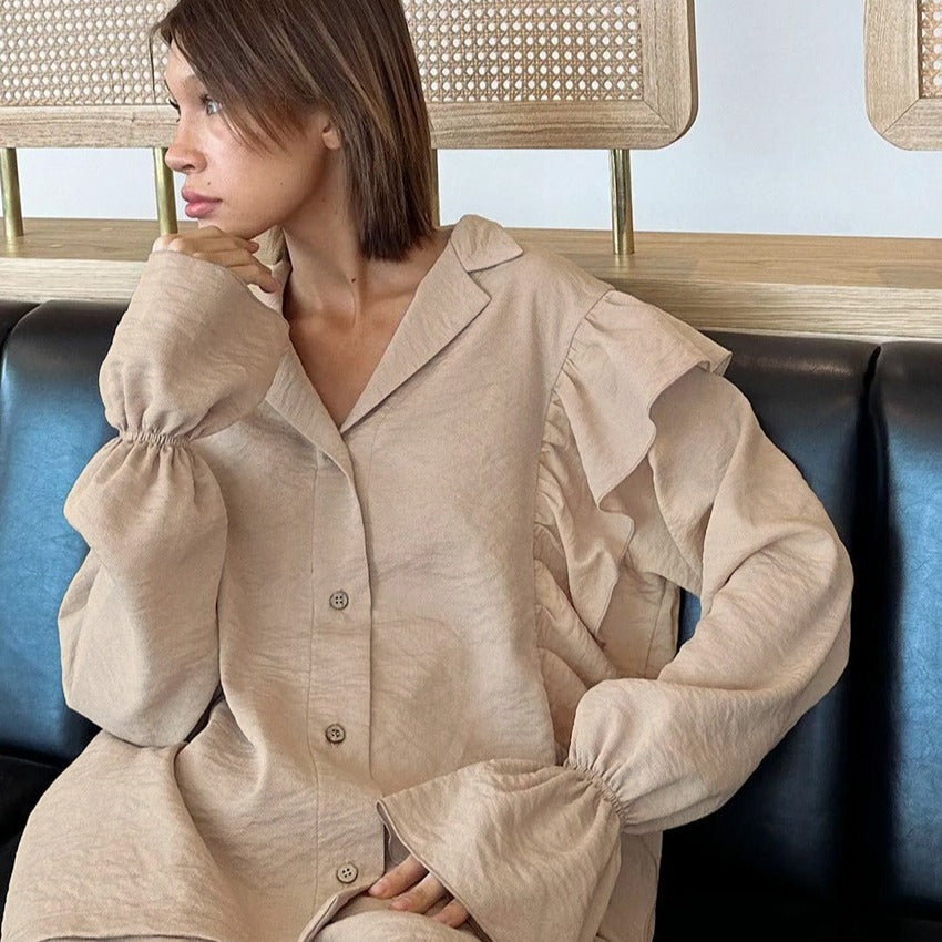 Damen Lässiges Kurzarm-Pyjama-Set mit Rüschendetails EB