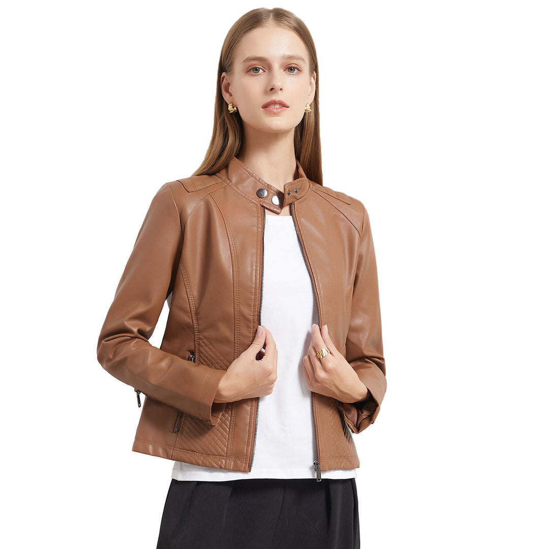Damen nan taillierte Biker-Kunstlederjacke mit Stehkragen und gesteppter Seitenpartie EB