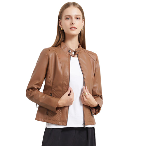 Damen nan taillierte Kunstlederjacke im Bikerstil mit Stehkragen und gesteppter Seitenpartie EB
