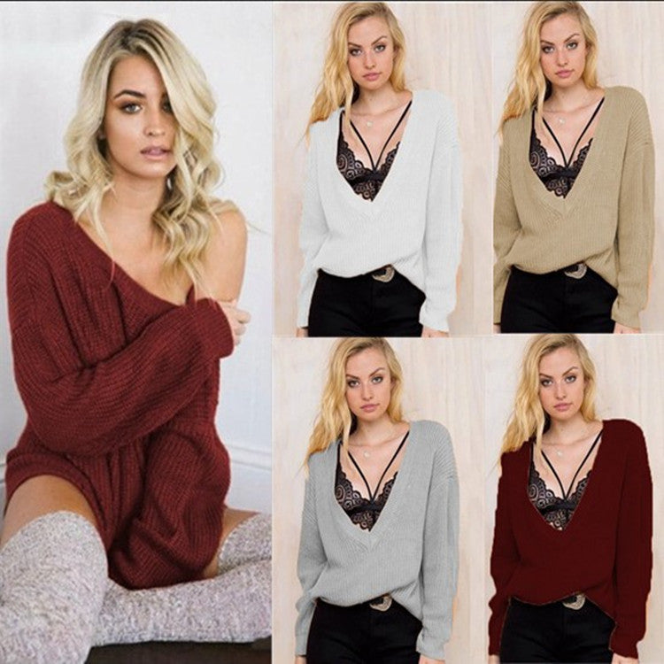 Damen Grobstrickpullover mit tiefem V-Ausschnitt und lässigem Schnitt EB