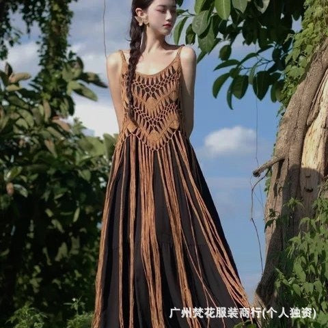 Damen Boho Chic Maxi-Kleid mit Fransen und gehäkeltem Oberteil EB