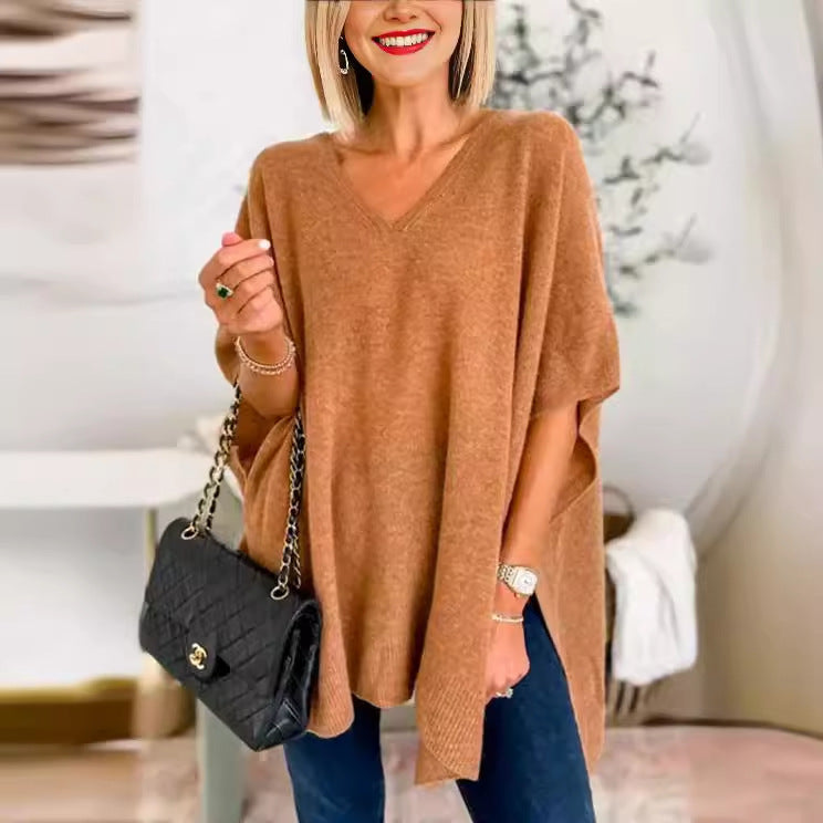 Damen lässiger Strickponcho mit V-Ausschnitt und überschnittenen Ärmeln EB