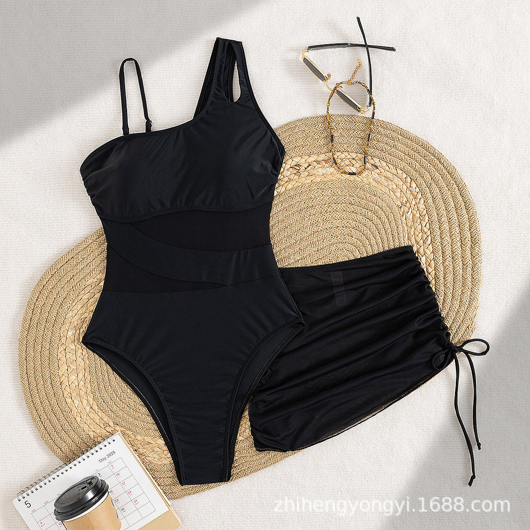 Damen Eleganter Badeanzug mit asymmetrischem Design und praktischer Wickelrock EB
