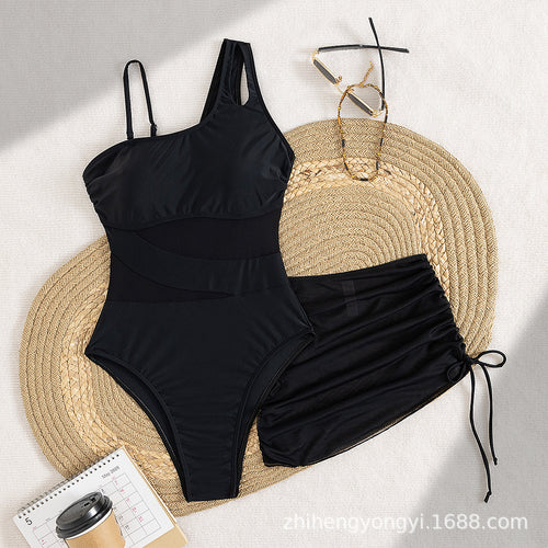 Damen Eleganter Badeanzug mit asymmetrischem Design und praktischer Wickelrock EB