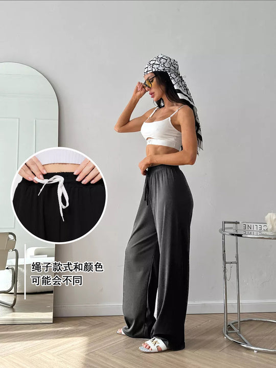 Damen weite hochgeschnittene Loungehose mit elastischem Bund und Kordelzug EB