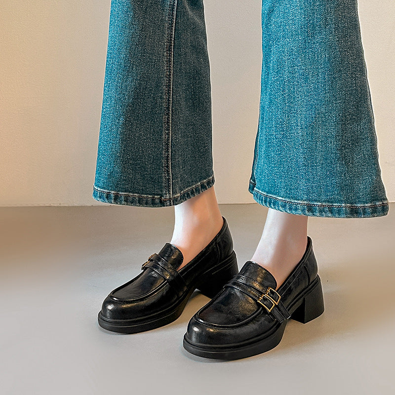 Damen elegante Loafer mit blockierendem Absatz und modischen Schnallen EB