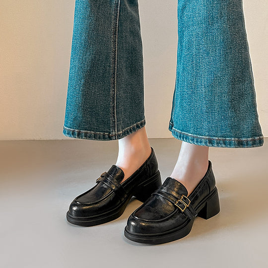 Damen elegante Loafer mit blockierendem Absatz und modischen Schnallen EB