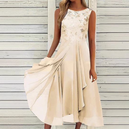 Damen nan ärmelloses Chiffon-Midikleid mit bestickter Brustpartie und asymmetrischem Lagenrock EB