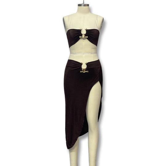 Damen Stylisches Bandeau-Top und Maxi-Rock Set mit hohem Schlitz und eleganten Details EB