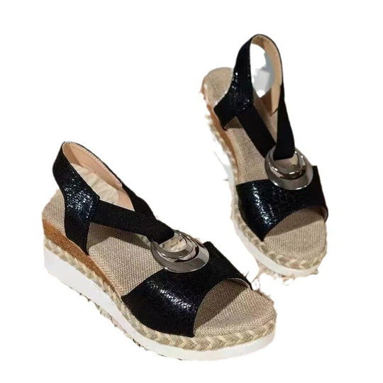 Damen Keil‑Sandalen mit Bast‑Plateau, elastischem Fersenriemen und Zier‑Metallornament EB