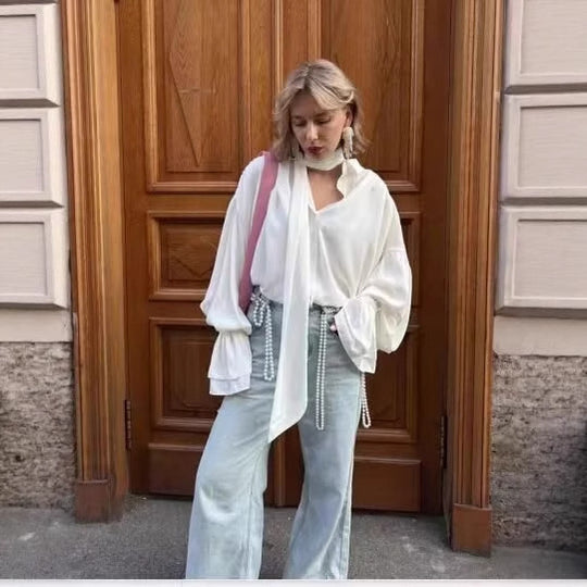 Damen Elegante Bluse mit Schleifenkragen und Volantärmeln EB