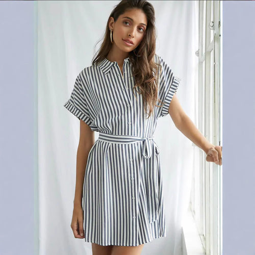 Damen Hemdblusenkleid mit Taillengürtel und modischem Streifendesign EB