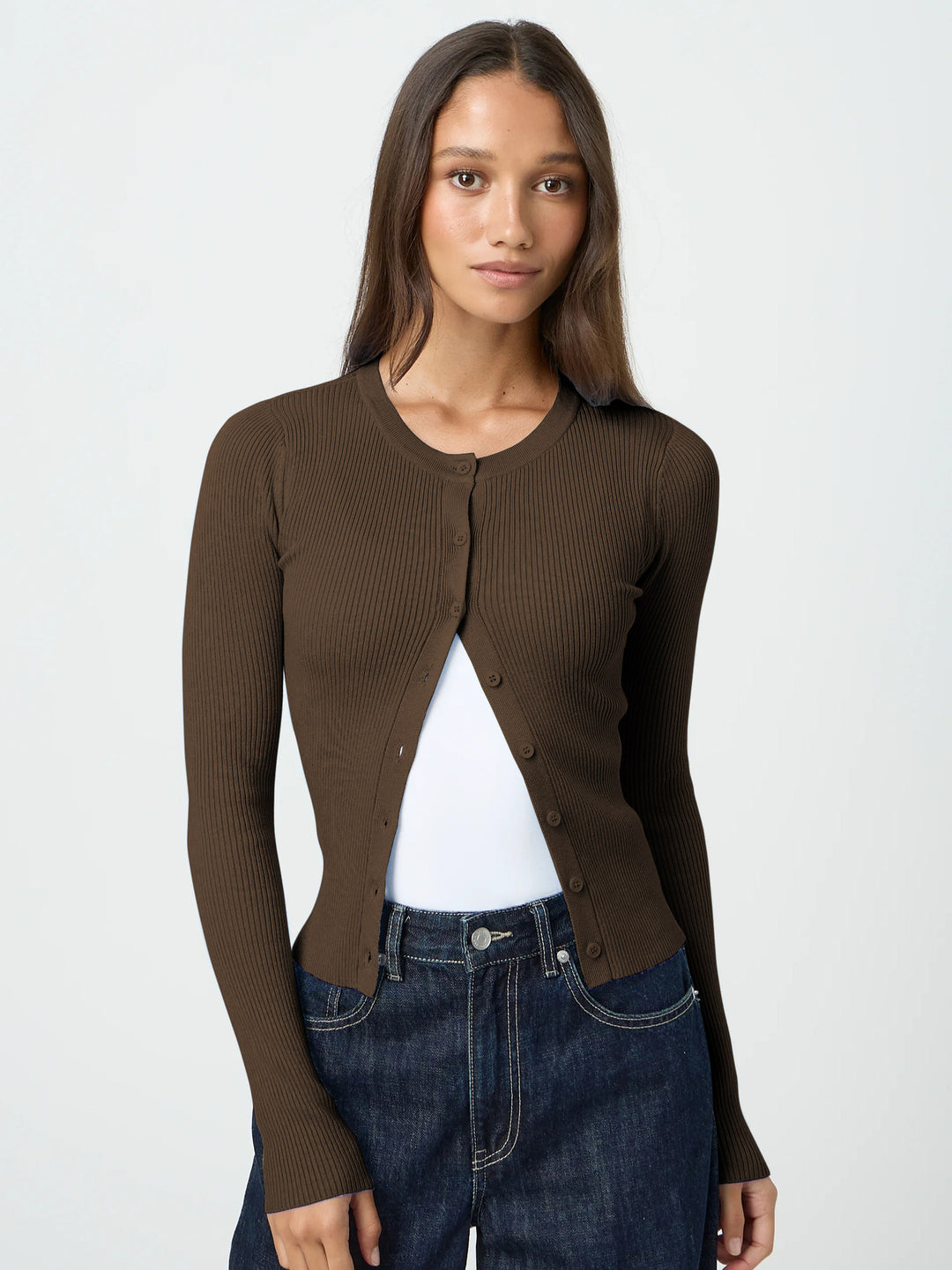 Damen figurbetonte Strickjacke mit Knopfleiste und langen Ärmeln EB