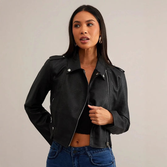 Damen modische Bikerjacke aus Kunstleder mit stilvollem Reißverschluss EB