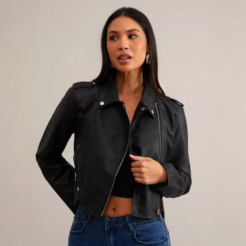 Damen modische Bikerjacke aus Kunstleder mit stilvollem Reißverschluss EB