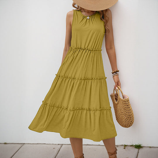 Damen Maxi-Kleid mit Rüschendetails und elastischem Taillenbund EB