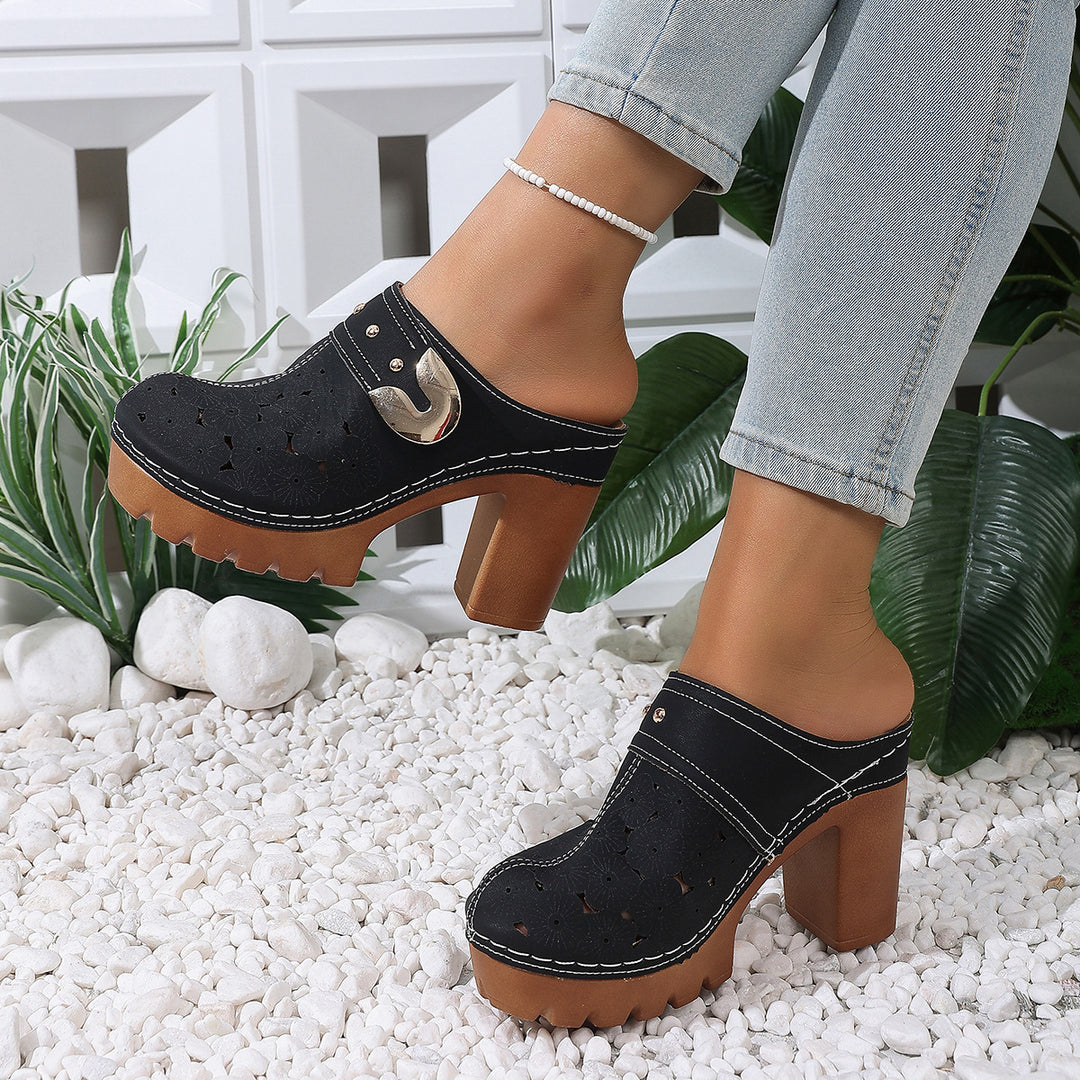 Damen modische Clogs mit perforiertem Design und elegantem Blockabsatz EB