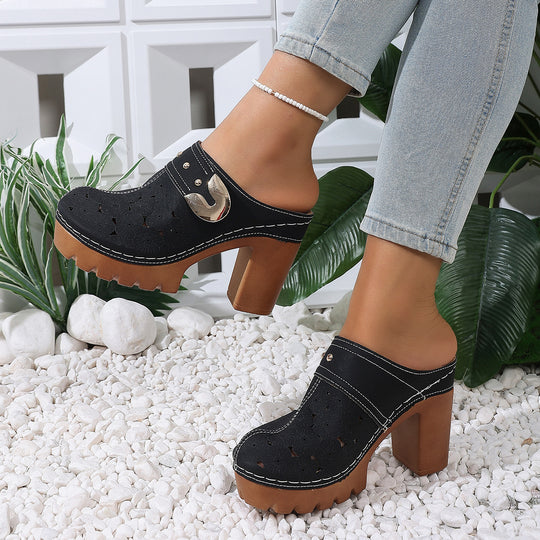 Damen modische Clogs mit perforiertem Design und elegantem Blockabsatz EB