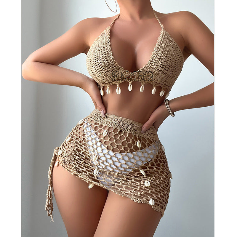 Damen Häkel-Bikini-Set mit Muschelverzierung und transparentem Rock EB