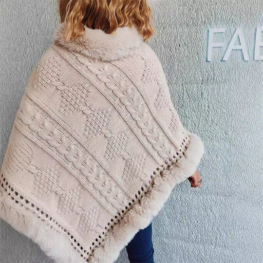 Damen Strickponcho mit dekorativem Kragen und gefüttertem Saum EB
