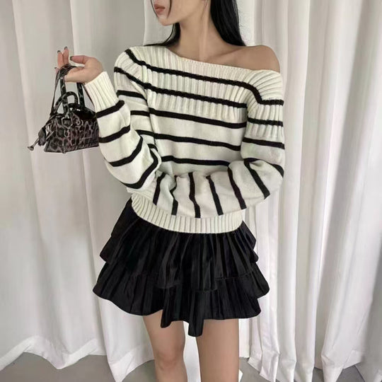 Damen Off-Shoulder Streifenpullover mit Rippstruktur EB