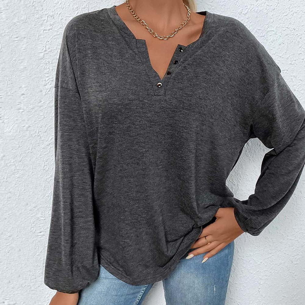 Damen lässiges Oversize-Henley-Longsleeve mit V-Knopfleiste und Ballonärmeln Eichborn Berlin