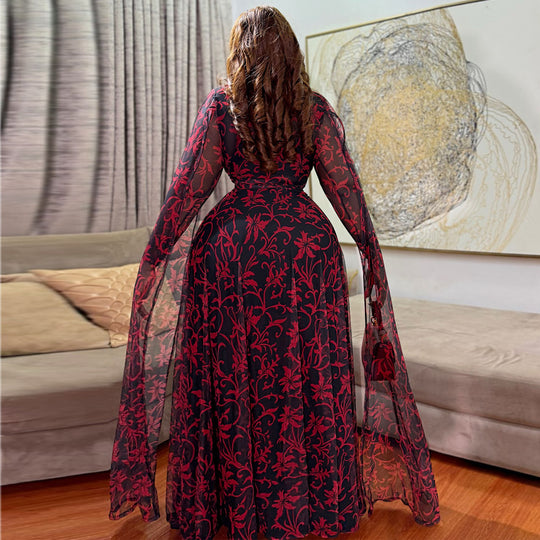 Damen Maxikleid mit floralem Transparentdesign und eleganten Ärmeln EB