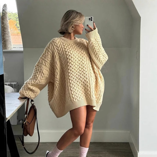 Damen oversize Strickpullover mit Zopfstrickmuster EB