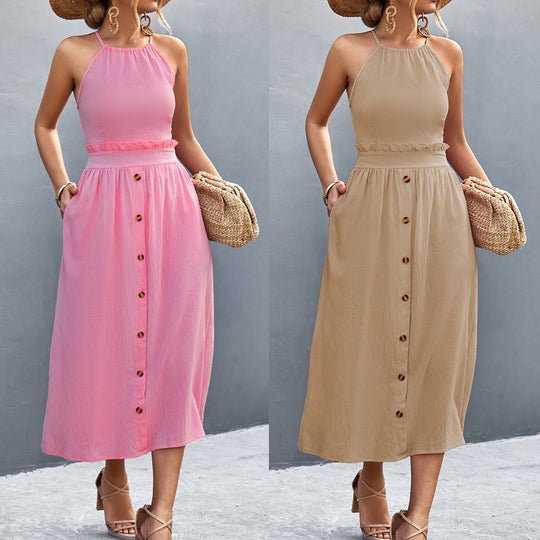 Damen Maxikleid mit hohen Trägern, elastischem Bund und dekorativen Knöpfen EB