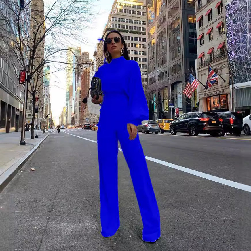 Damen Eleganter Jumpsuit mit weiten Ärmeln und hohem Kragen EB