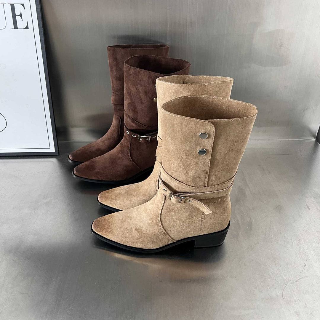 Damen Elegante Stiefel aus hochwertigem Wildleder mit modischem Schnallenverschluss EB