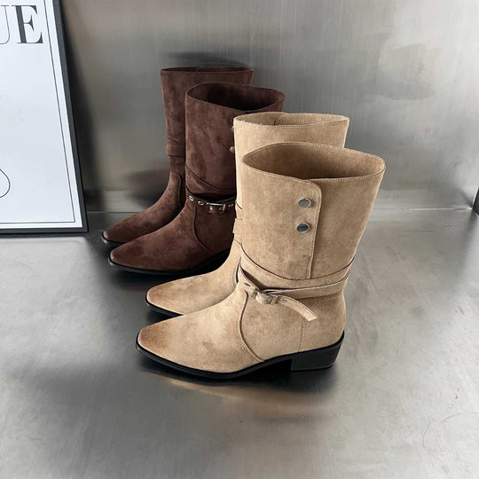 Damen Elegante Stiefel aus hochwertigem Wildleder mit modischem Schnallenverschluss EB