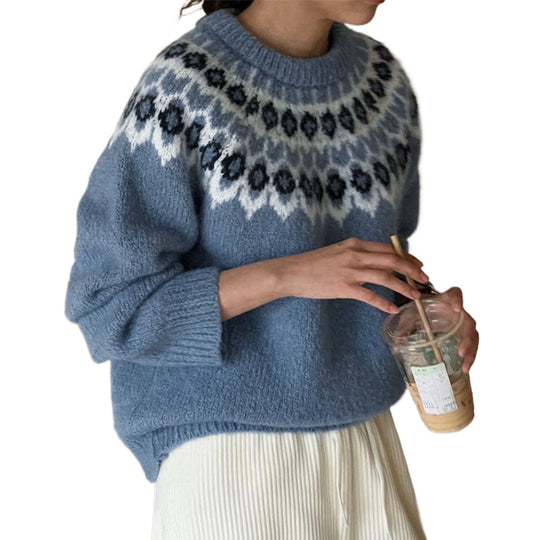 Damen Strickpullover mit traditionellem Norwegermuster EB