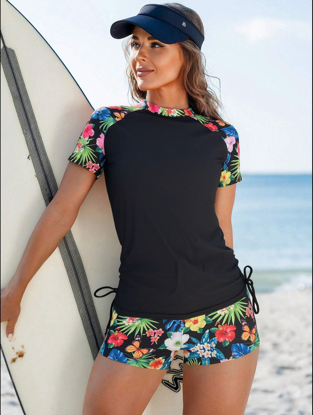 Damen Sportlicher Surfanzug mit floralem Muster und seitlichem Rüschendetail EB