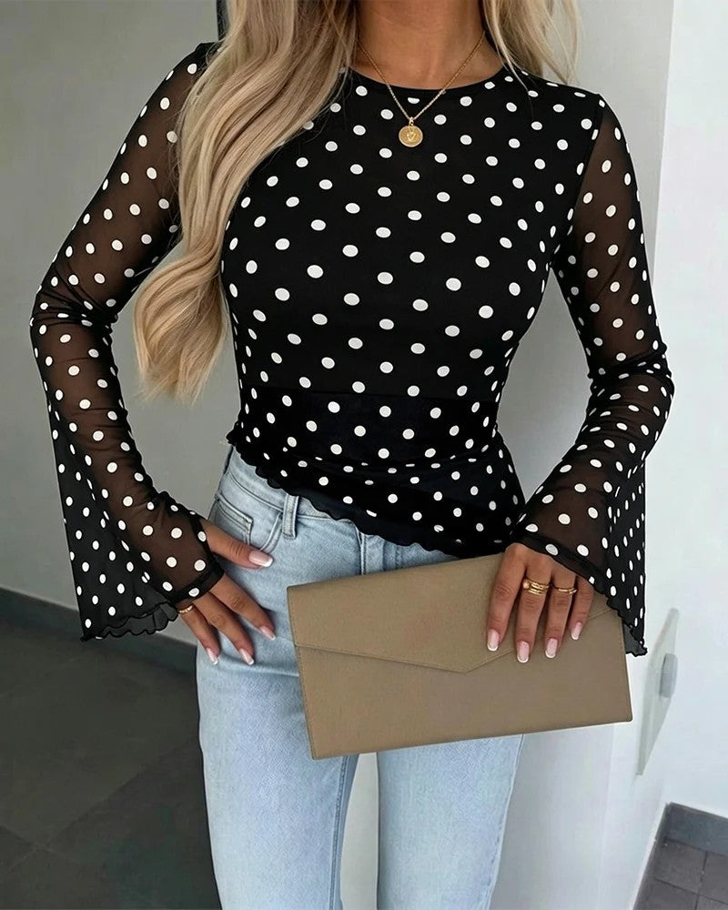 Damen Transparente Mesh-Polka‑Dot-Bluse mit taillierter Passform und Glockenärmeln EB