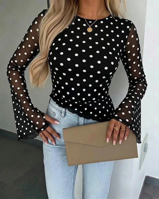 Damen Transparente Mesh-Polka‑Dot-Bluse mit taillierter Passform und Glockenärmeln EB