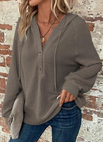 Damen lässiger Kapuzenpullover mit Knopfdetails und strukturiertem Gewebe EB