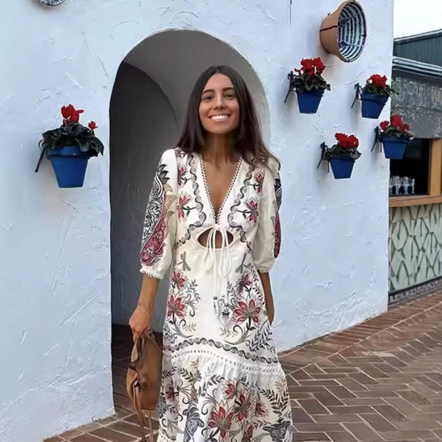 Damen Maxikleid mit floralen Stickereien und V-Ausschnitt EB