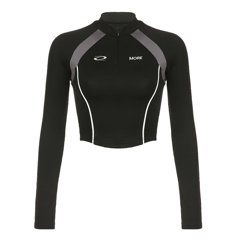 Damen Sportliches Kurzarm-Top mit Reißverschluss und kontrastierenden Nähte EB