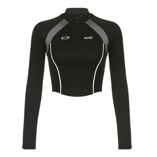 Damen Sportliches Kurzarm-Top mit Reißverschluss und kontrastierenden Nähte EB