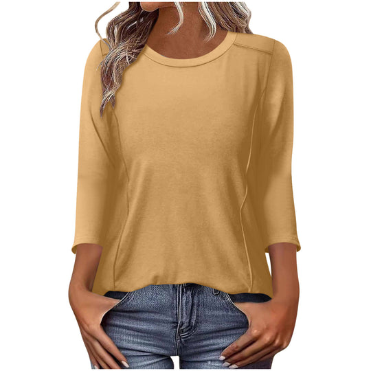 Damen nan lässiges Rundhals Shirt mit mittellangen Ärmeln und sichtbaren Nahtakzenten EB
