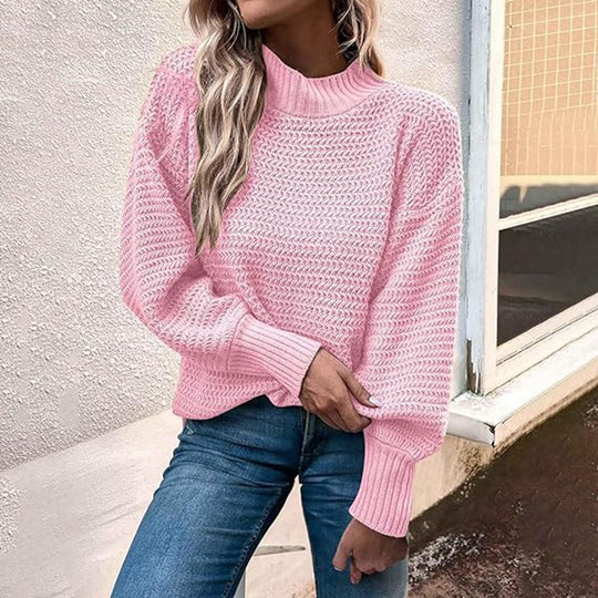 Damen Grobstrickpullover mit hohem Kragen und ballonförmigen Ärmeln EB