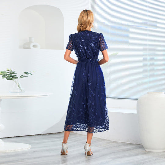 EB | Kurzärmliges Kreuz V-Ausschnitt Gürtel Midi Kleid