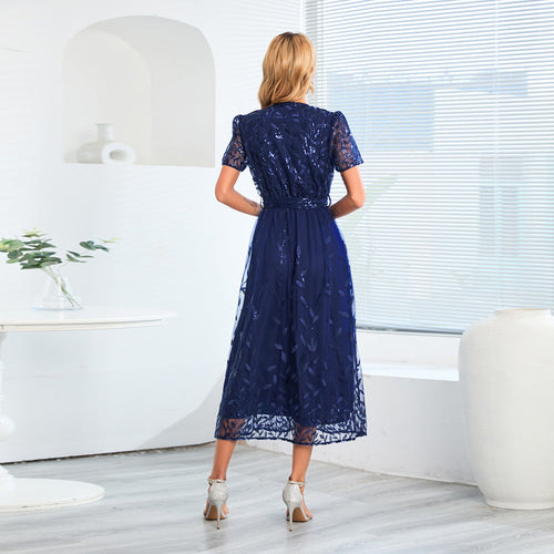 EB | Kurzärmliges Kreuz V-Ausschnitt Gürtel Midi Kleid
