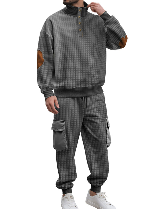 Herren nan Karo-Relief-Sweatset mit Stehkragen-Knopfleiste, Velours-Ellenbogenpatches und Cargo-Jogger EB