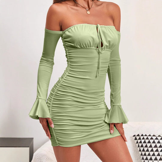 Damen Elegantes Wickelkleid mit schulterfreiem Design und langen Ärmeln EB